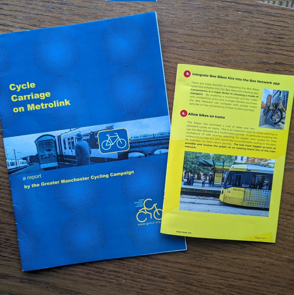 A report from over 20 years ago by the Greater Manchester Cycling Campaign calling for bikes to be allowed on trams, and the Walk Ride GM Bee Network Manifesto from 2023 making the same ask.
