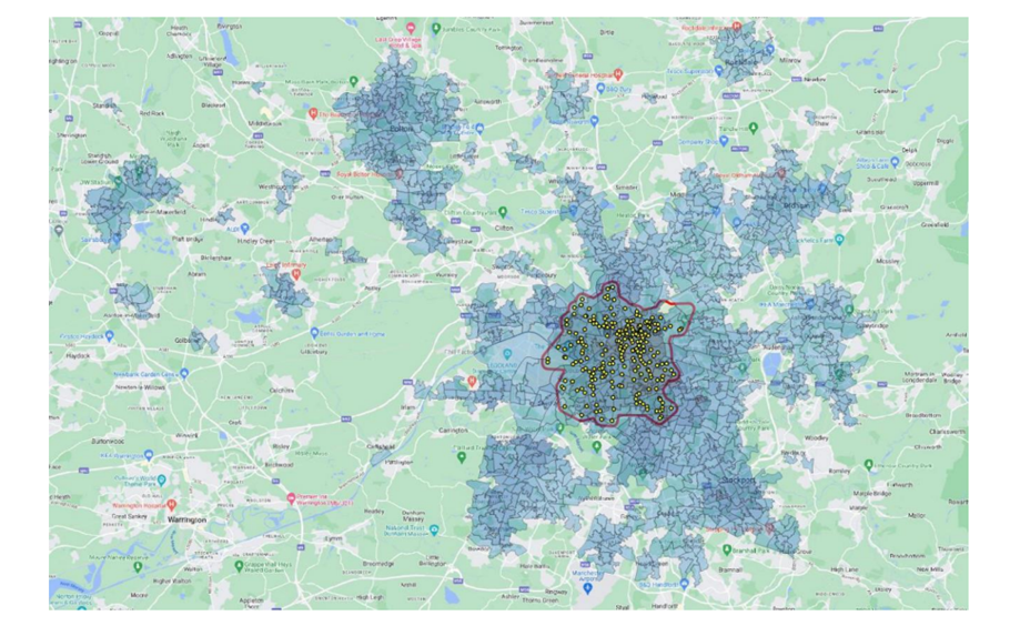 Mapping showing the evaluation zones for Greater Manchester city-region wide bike sharing expansion