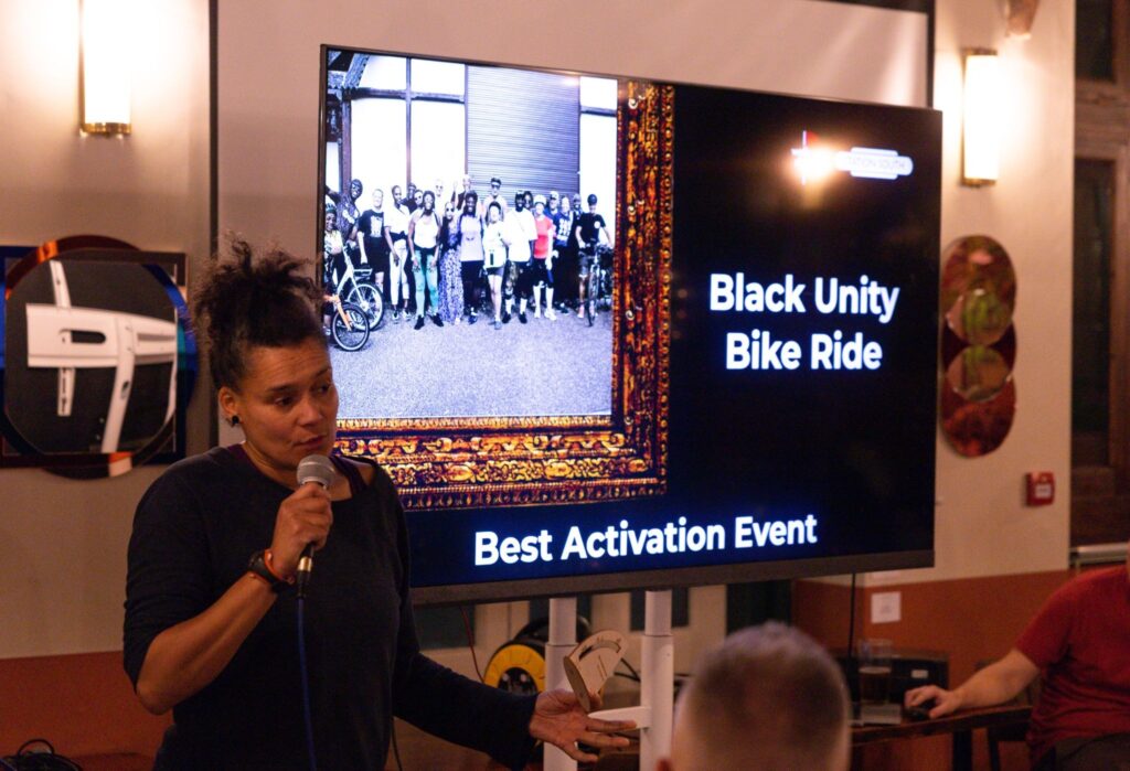 Belinda Everett Greater Manchester’s Bicycle Mayor receiving the Black Unity Bike Ride best activation event award