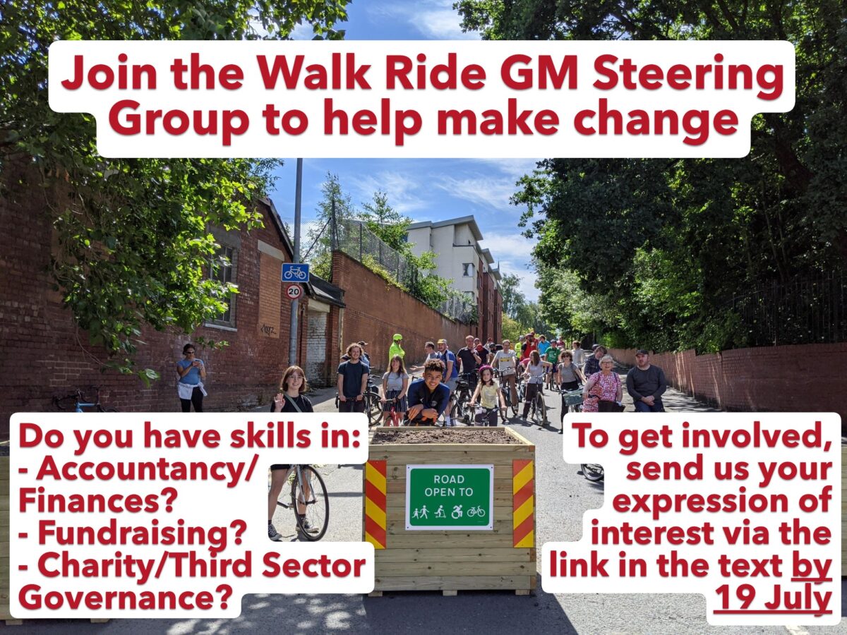 Street scene with a group of 20 or so people standing with bicycles near to a wooden planter that includes a sign saying 'road open to' followed by pictures of children playing, scooting, a wheelchair user, and a bicycle. Red brick walls and green trees line the sides of the street. Overlaid text boxes state: Join the Walk Ride GM Steering Group to help make change. Do you have skills in: Accountancy/Finances, Fundraising, or Charity/Third Sector Governance? To get involved, send us your expression of interest via the link in the text by 19 July