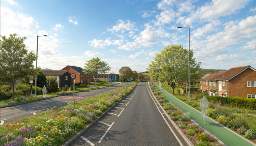 A CGI showing an impression of the proposals for a road. There are silhouettes of people walking and cycling around. The road has trees, wildflower strips, houses, and cycle lanes running alongside. There is a summery sky above.