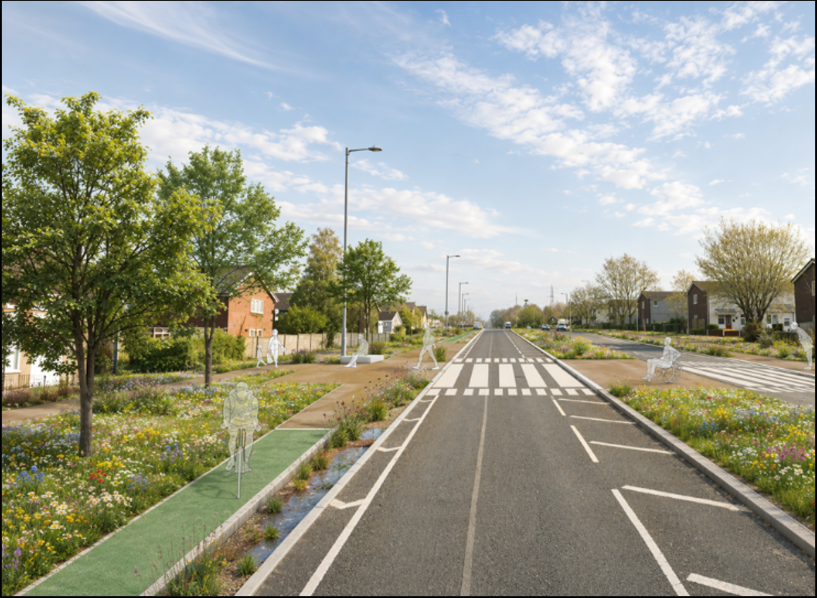 A CGI showing an impression of the proposals for a road. There are silhouettes of people walking, wheeling, sitting and cycling around. The road has trees, wildflower strips, houses, and cycle lanes running alongside, and a zebra crossing across the road in the near distance. There is a summery sky above.